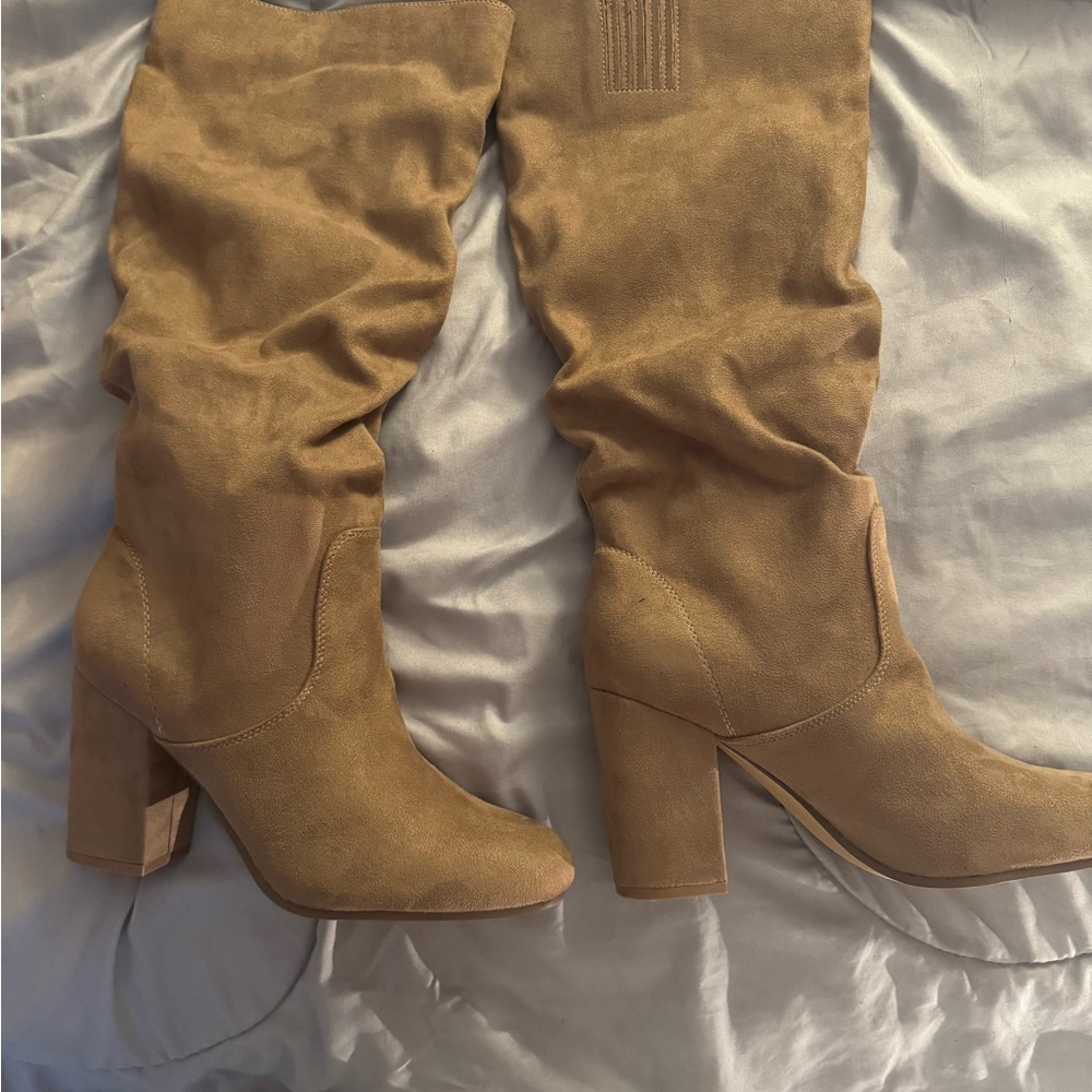 JustFab Tan Heeled Boots with Chunky Block Heel
